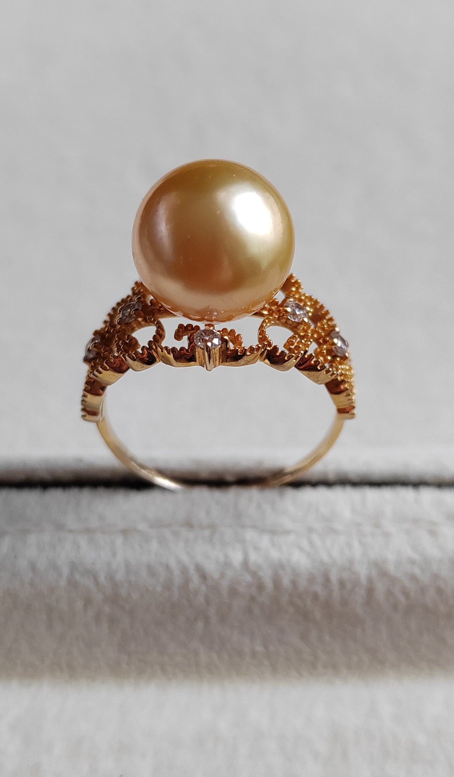 Golden lacy ring 18k gold genuine golden south sea round pearl 10.4mm AAA+ size L