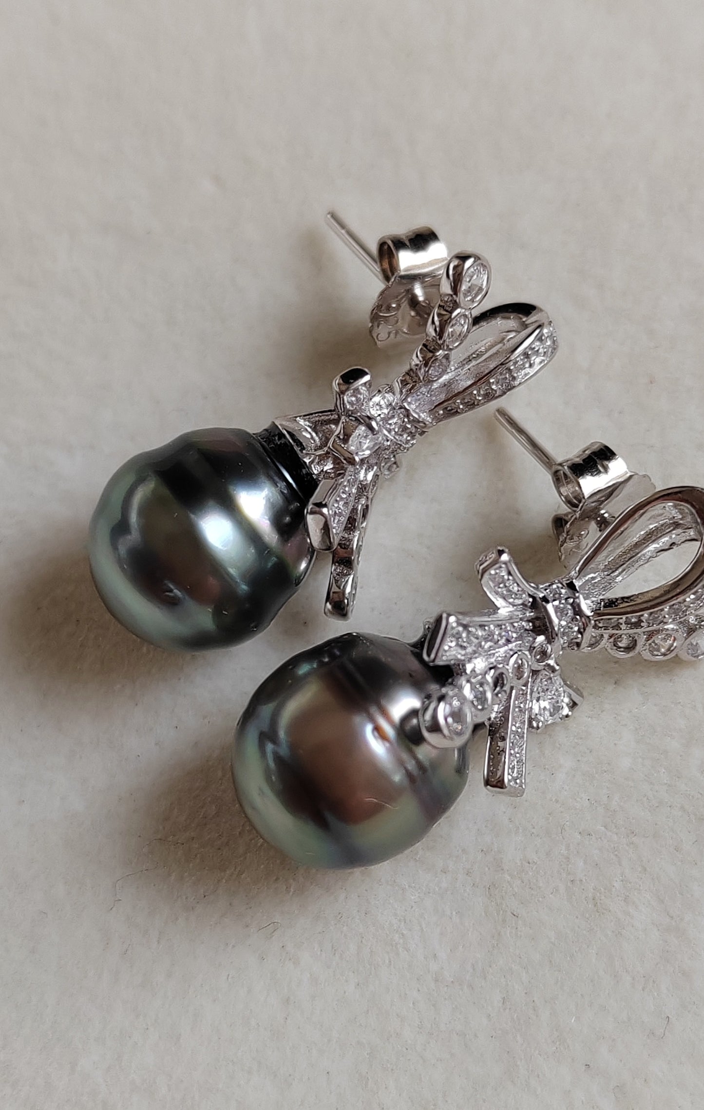 Art Deco earrings silver Genuine tahitian pearls 10.3mm