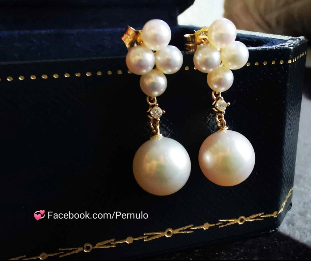 'Little clover' earrings 18k gold diamond genuine Japanese akoya pearl 3.7-8.3mm AAAA