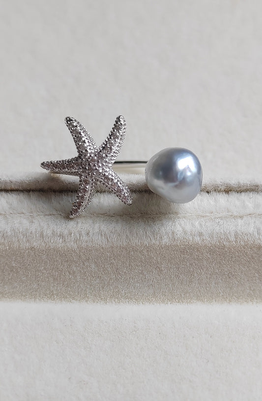 'Little star' ring genuine Keshi south Sea white pearl 6.9x7.4mm