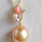 'Sunset' 18k gold diamond pendant genuine golden south sea pearl and Coral