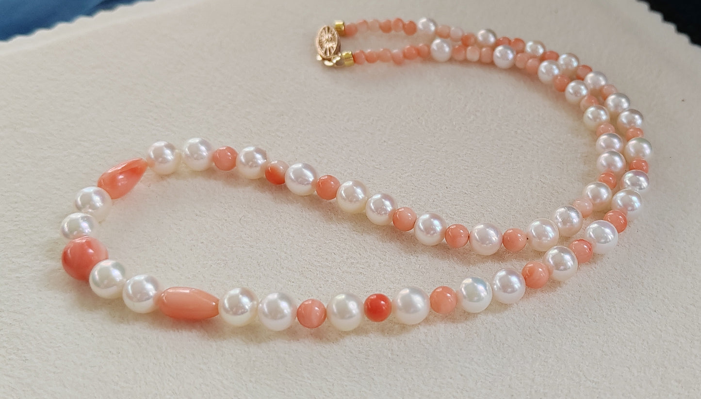Genuine Japanese akoya pearls and coral necklace 3.3-7.7mm