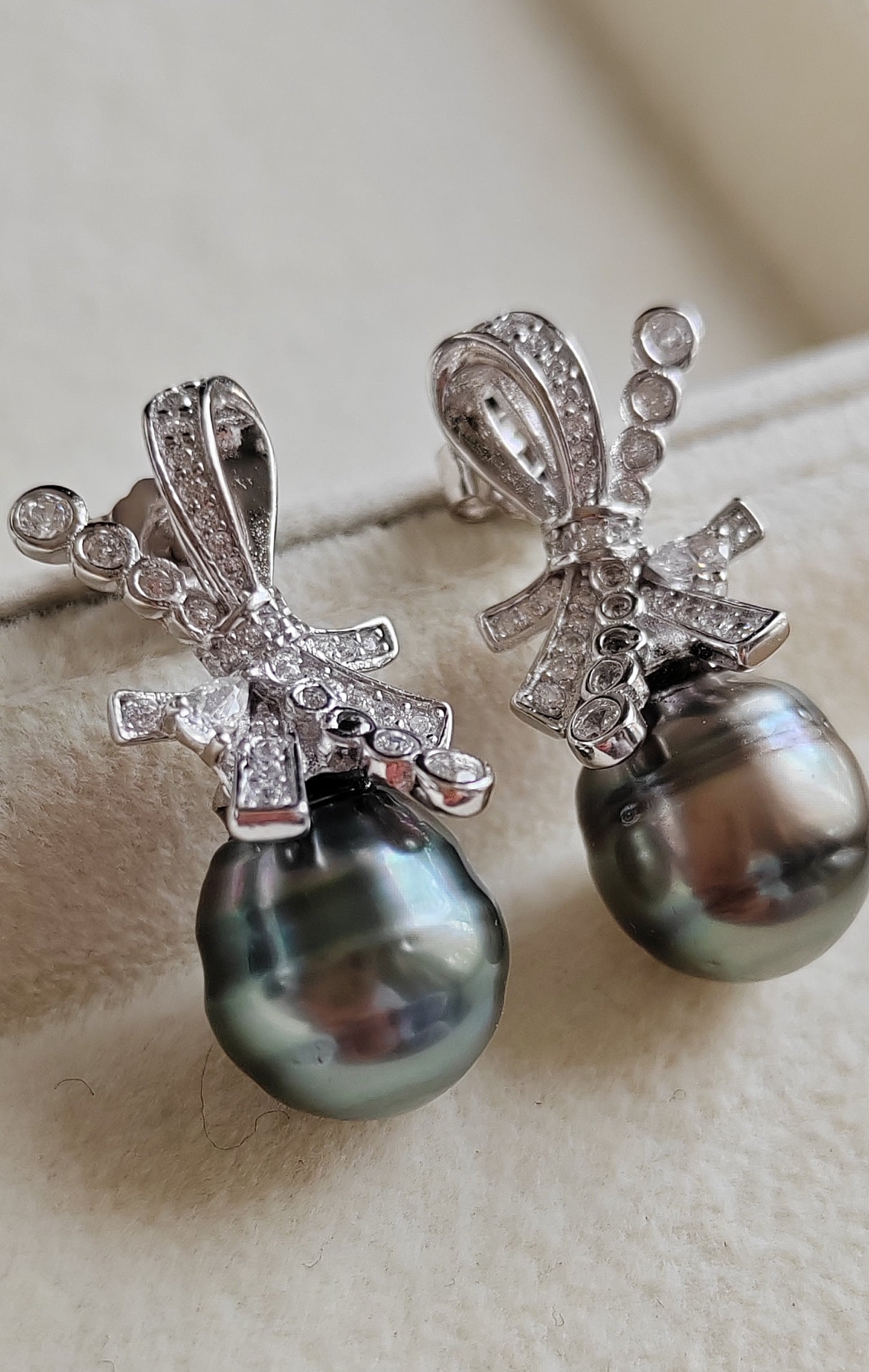 Art Deco earrings silver Genuine tahitian pearls 10.3mm