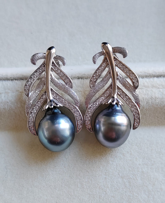 'Blue bird' earrings genuine tahitian south sea pearls 9.7mm
