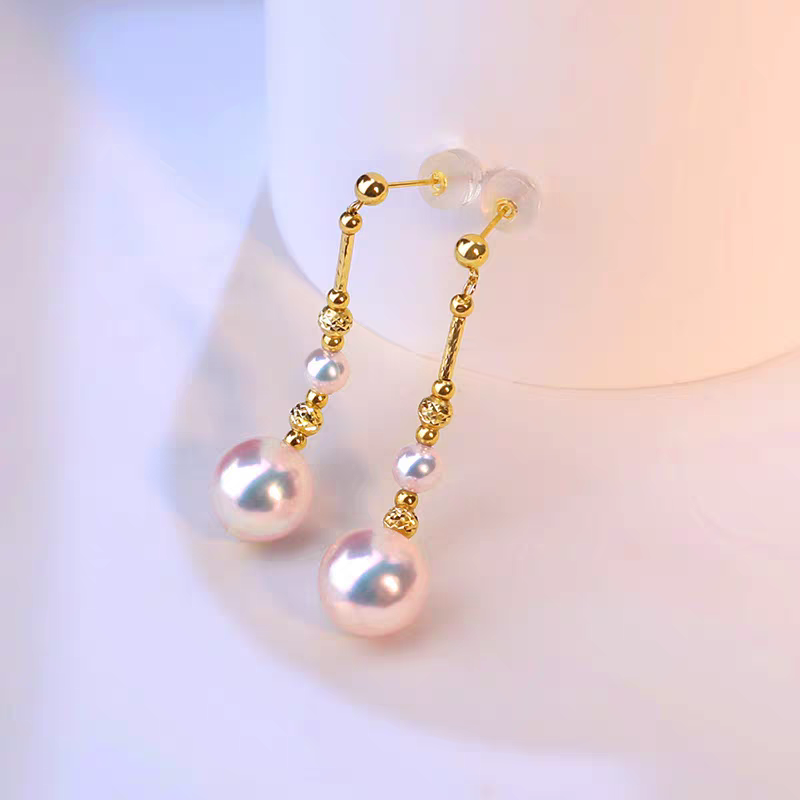 'Glittering' earrings 18k gold genuine Japanese akoya pearls 4.5-8.3mm AAA+