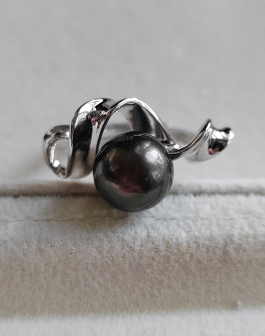 9.3mm Genuine tahitian south sea pearl silver wave ring