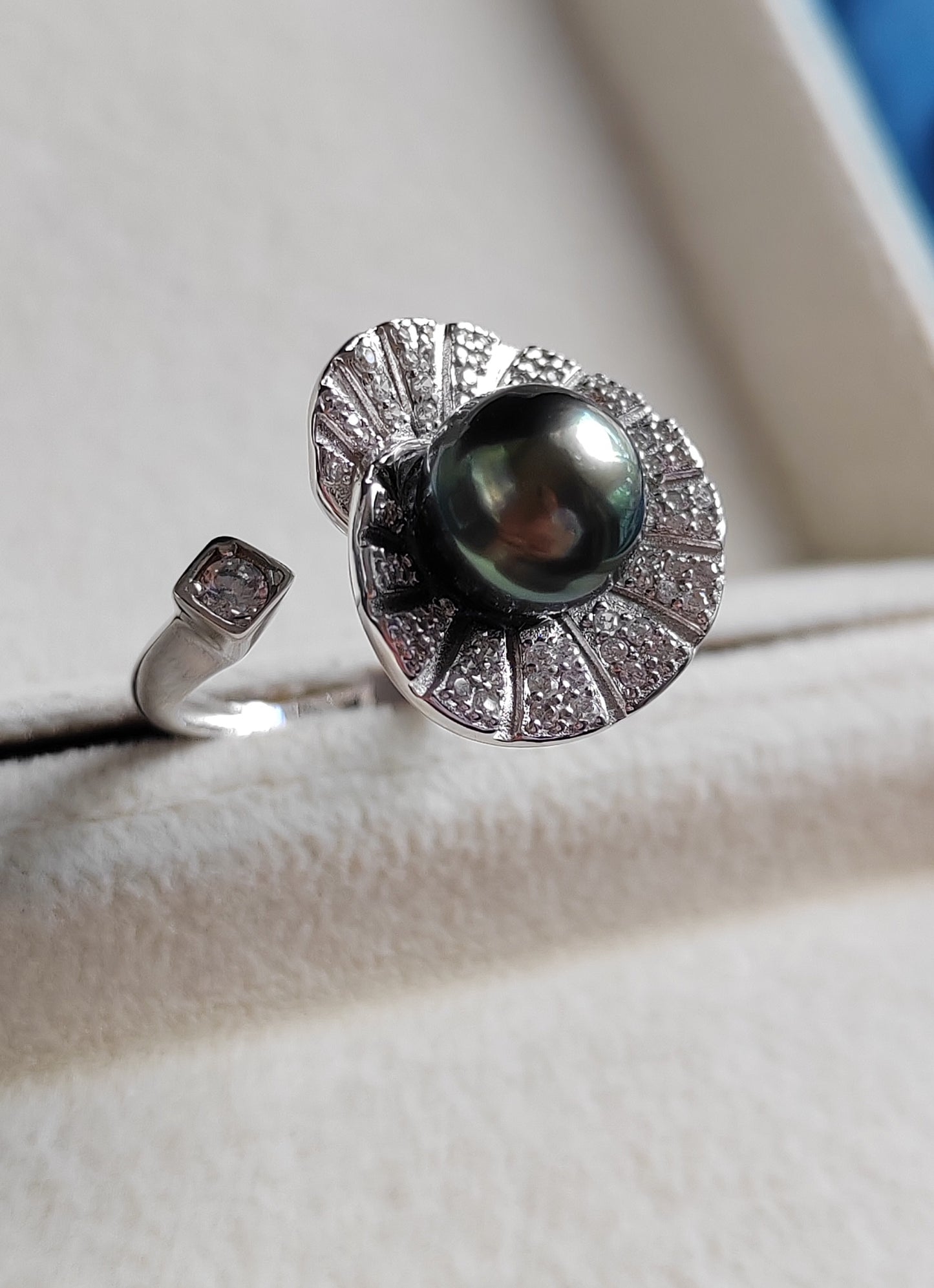 'Green lotus' adjustable ring genuine tahitian south sea pearl 9.3mm