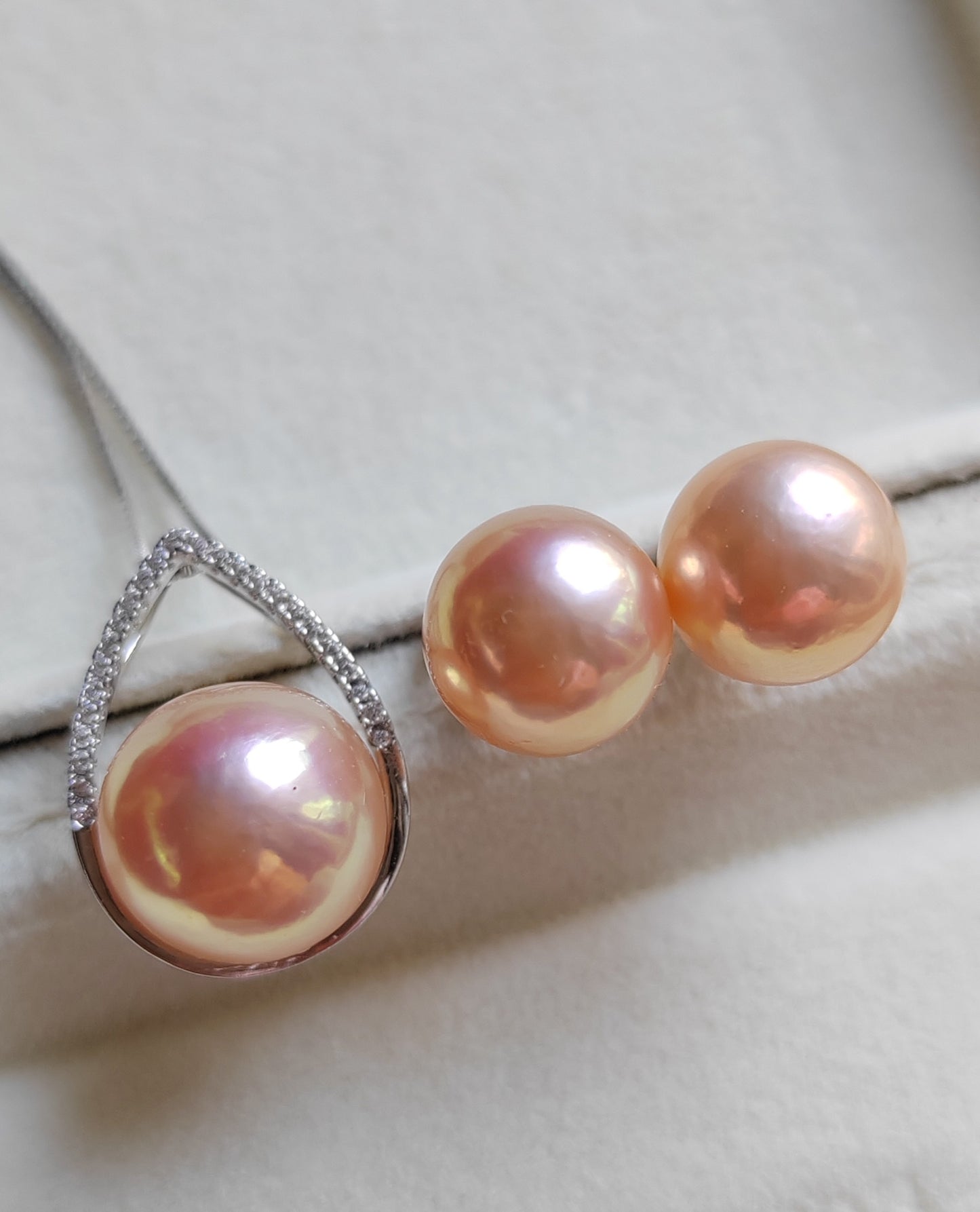 10.2-12mm Genuine freshwater pearls jewelry set Peach