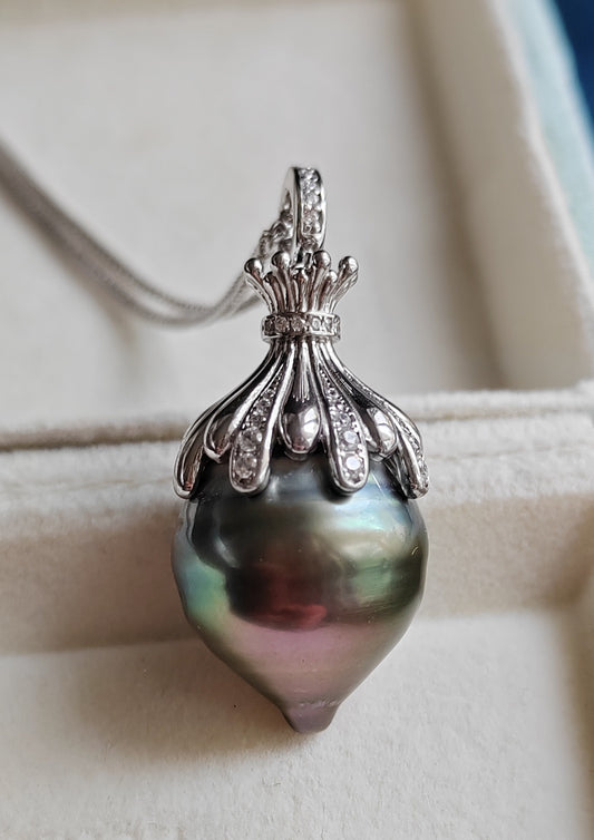 16.3x20mm Genuine tahitian sea pearl enhancer necklace silver