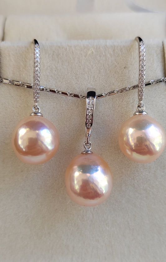'Fairy Peach' Jewellery set Genuine freshwater pearls 11.8-12.2mm
