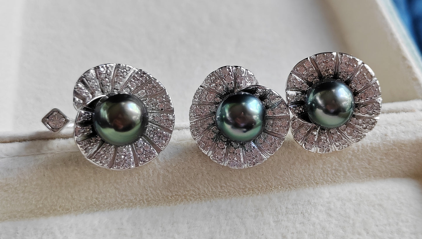 'Green lotus' earrings genuine tahitian south sea pearls 9.1mm