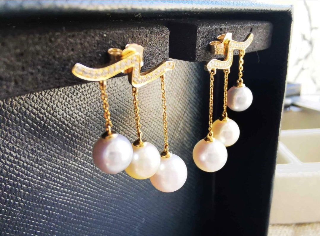 'Wings' earrings 18k gold diamond genuine Japanese akoya pearls 6.1-7.5mm
