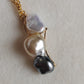 'A feather' 18k gold pendant genuine south sea & Tahitian Keshi pearls 'Wild'