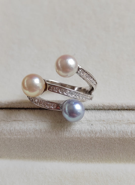 6.2-6.4mm Genuine Japanese akoya pearls triple beauty Ring