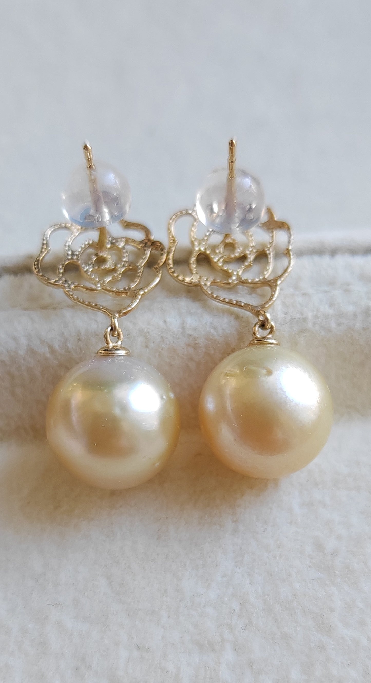 'Camellia' earrings 10k gold genuine golden south sea pearl 10.4mm Round