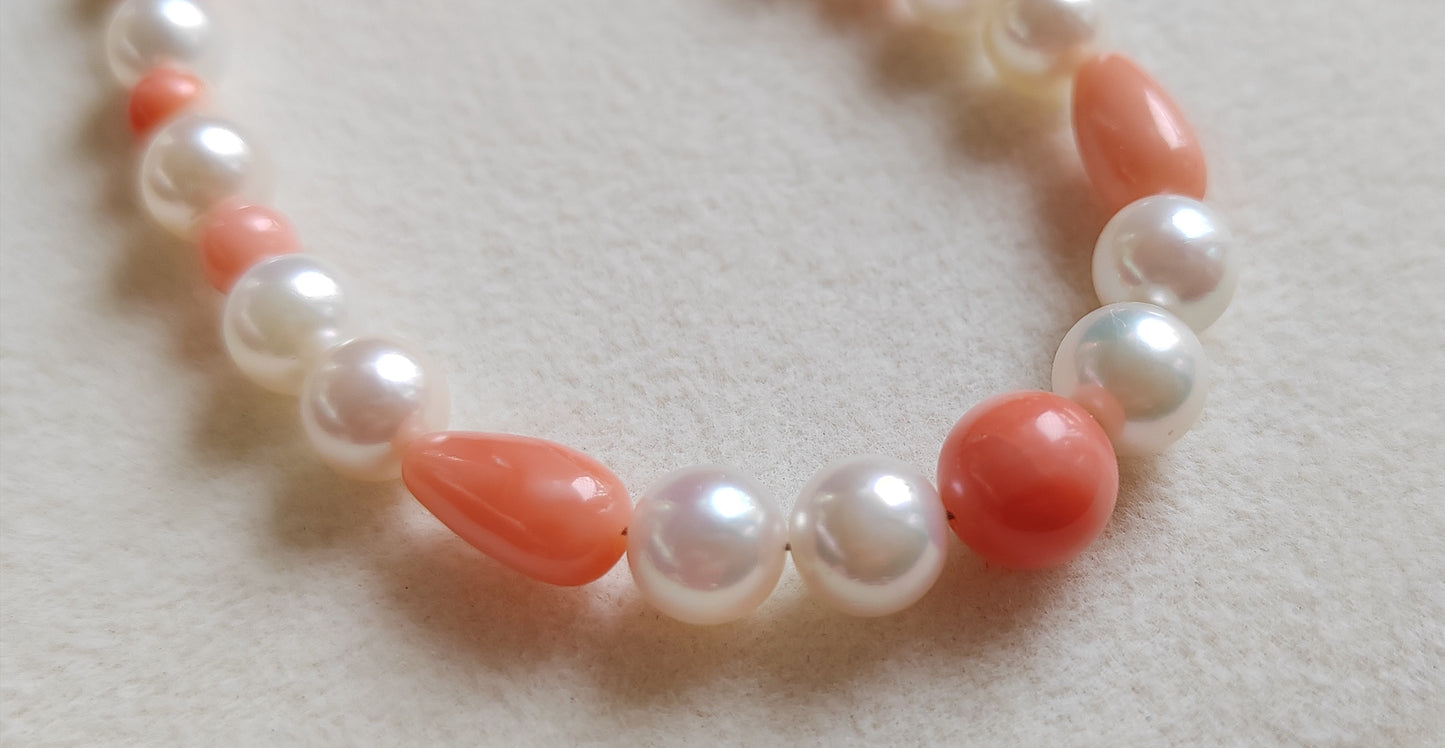 Genuine Japanese akoya pearls and coral necklace 3.3-7.7mm