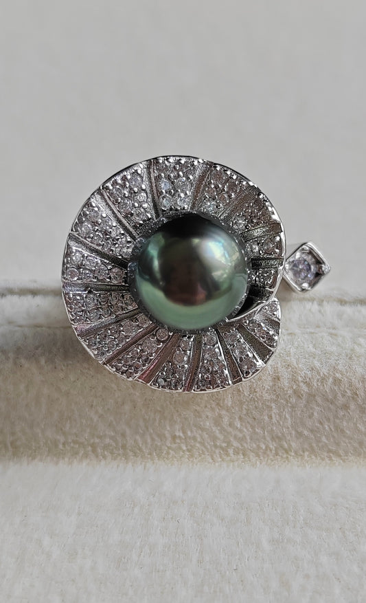 'Green lotus' adjustable ring genuine tahitian south sea pearl 9.3mm