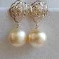 'Camellia' earrings 10k gold genuine golden south sea pearl 10.4mm Round