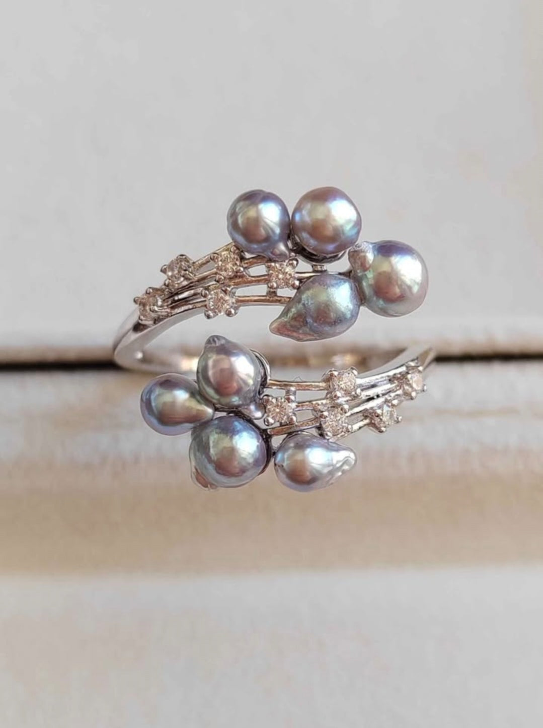 'Silver Meteor' ring genuine Japanese akoya pearls 3.6-4.1mm