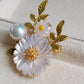 'Lily' brooch genuine freshwater pearl 10.1mm with mother of pearl