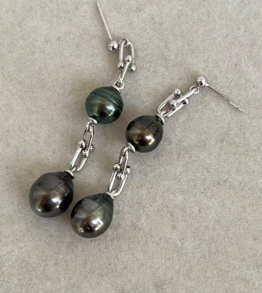 8.6-9.4mm Genuine tahitian south sea pearls double-beauty earrings silver