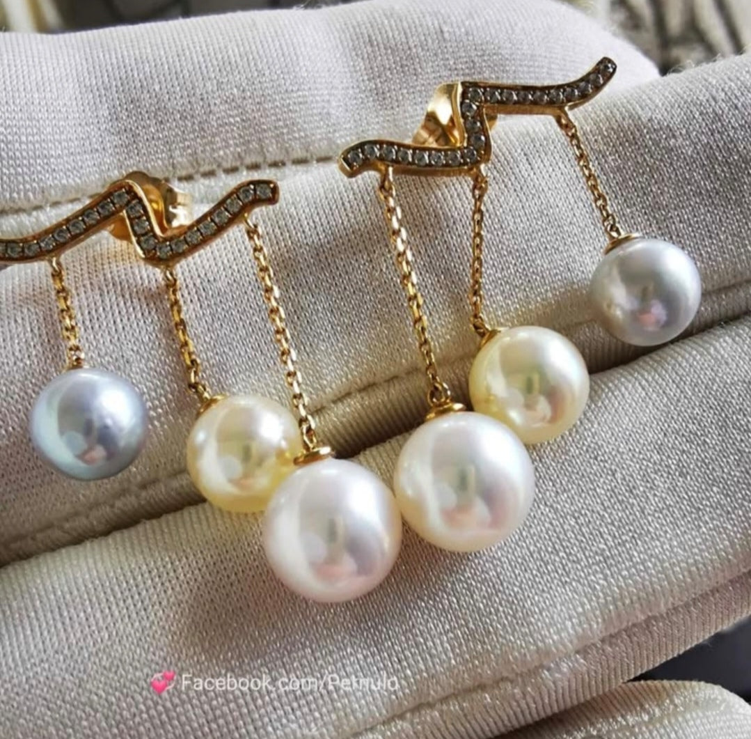 'Wings' earrings 18k gold diamond genuine Japanese akoya pearls 6.1-7.5mm