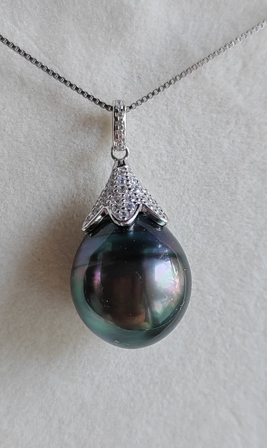 13.3mm Genuine tahitian south sea pearl pendant with chain necklace