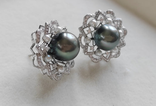 'Dahlia' Two-way earrings genuine tahitian south sea and akoya pearls
