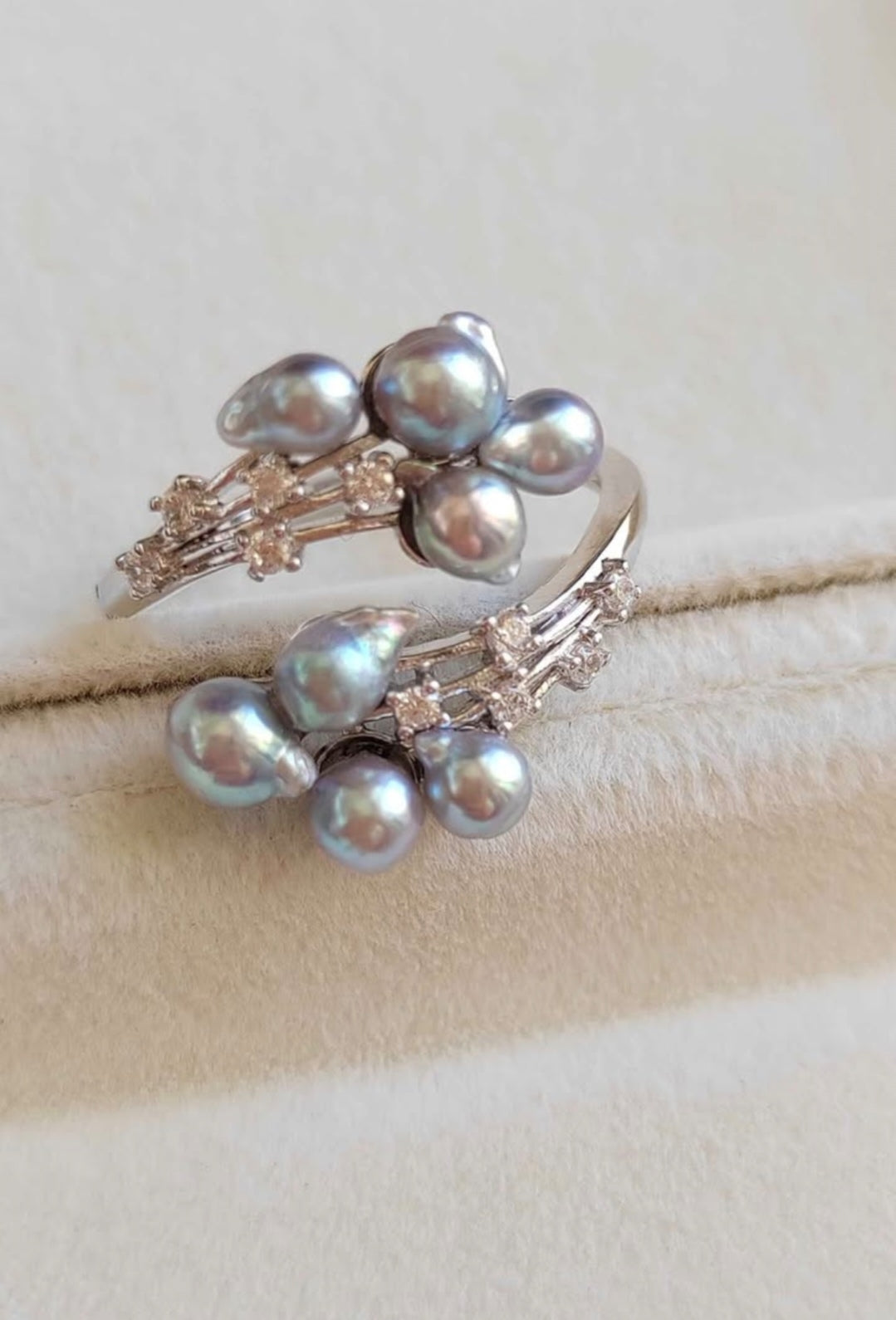 'Silver Meteor' ring genuine Japanese akoya pearls 3.6-4.1mm