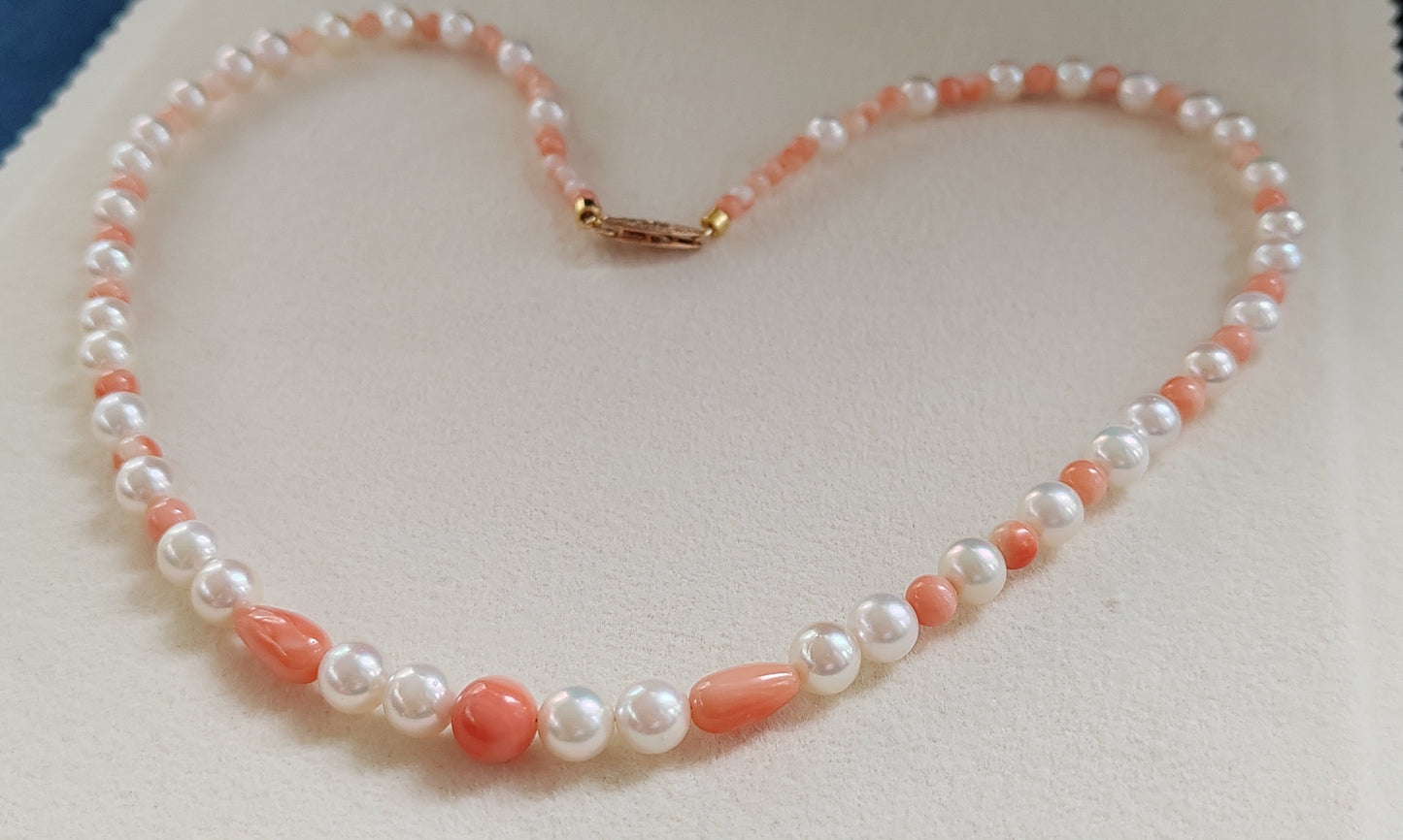 Genuine Japanese akoya pearls and coral necklace 3.3-7.7mm