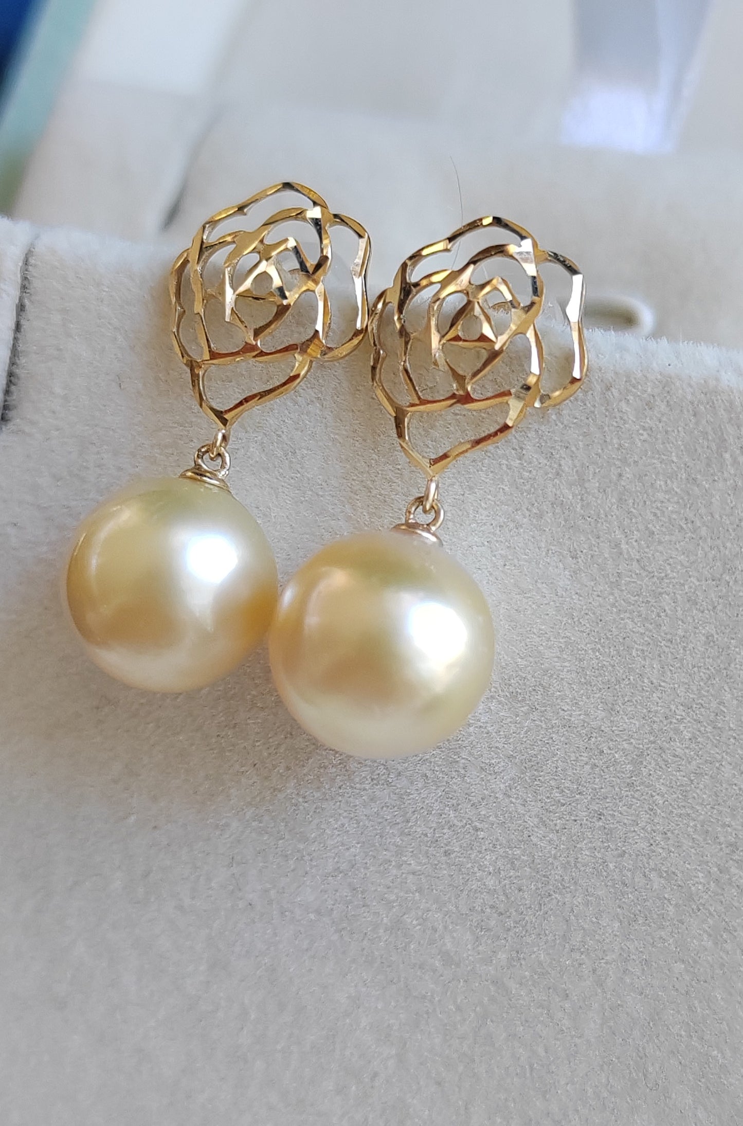 'Camellia' earrings 10k gold genuine golden south sea pearl 10.4mm Round