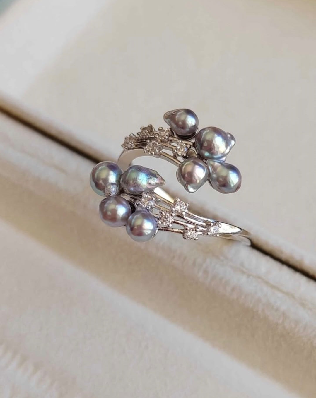 'Silver Meteor' ring genuine Japanese akoya pearls 3.6-4.1mm