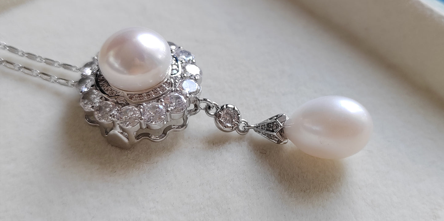 Elegant French style brooch & necklace genuine freshwater pearls 9.8-10.9mm