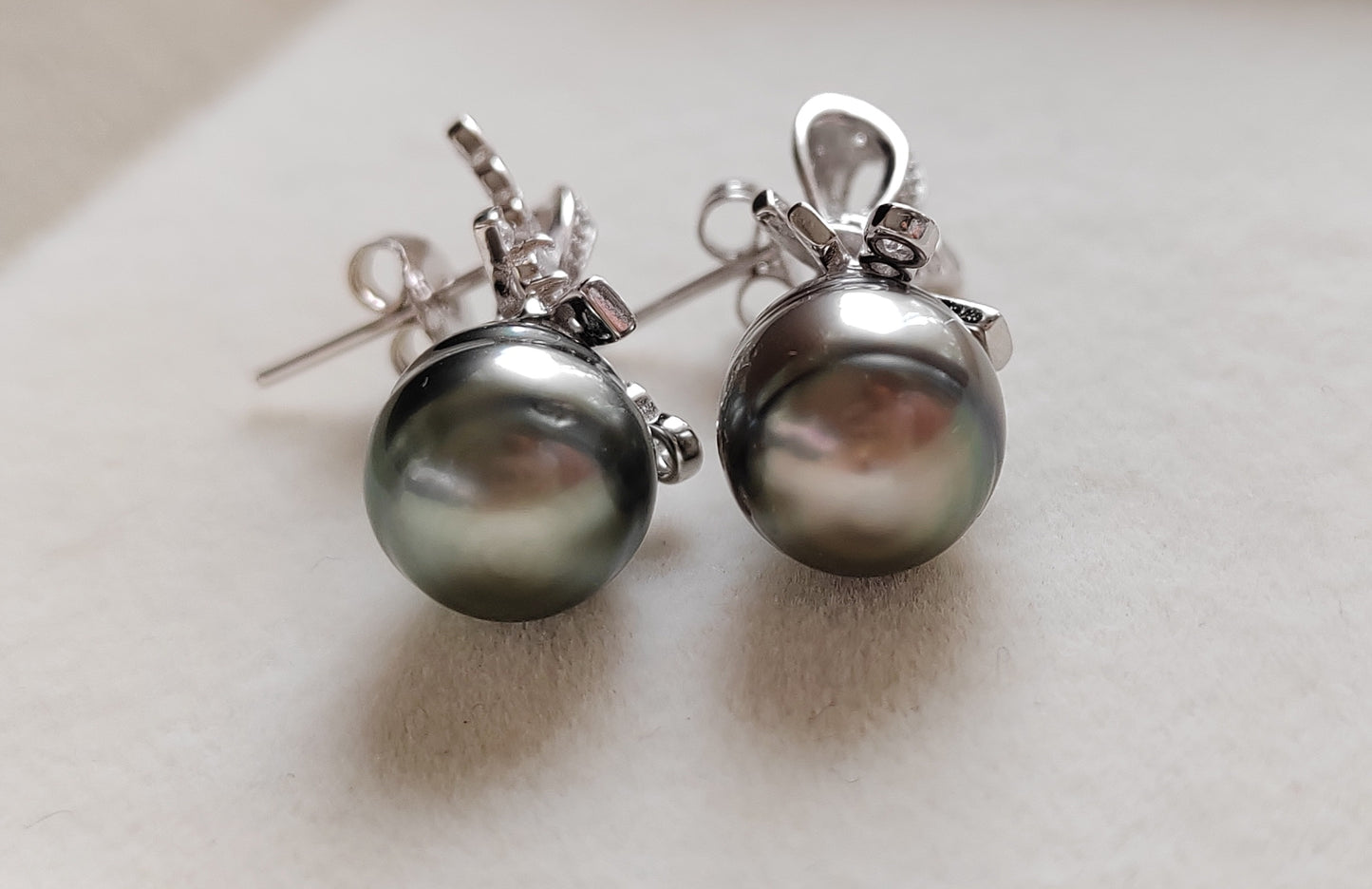 Art Deco earrings silver Genuine tahitian pearls 10.3mm