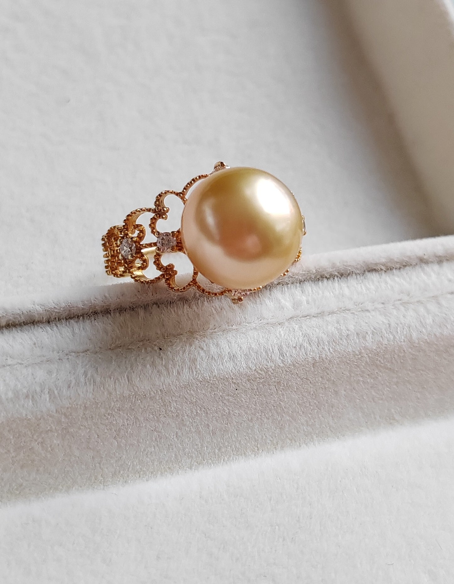 Golden lacy ring 18k gold genuine golden south sea round pearl 10.4mm AAA+ size L