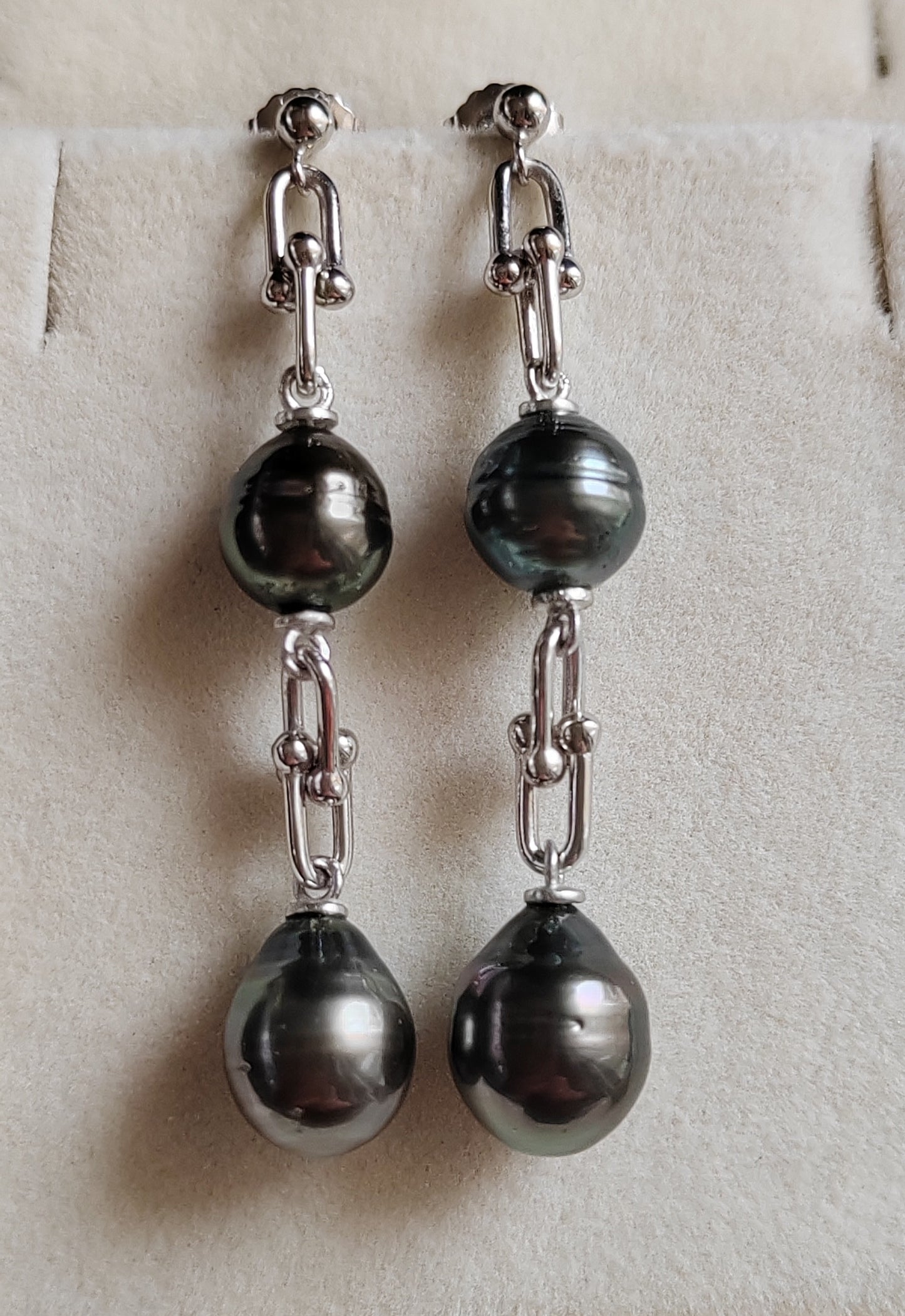8.6-9.4mm Genuine tahitian south sea pearls double-beauty earrings silver