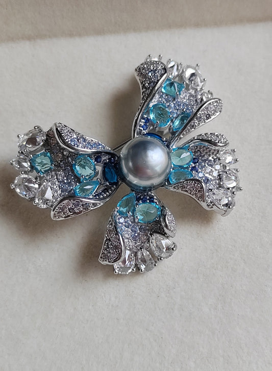 'Blue butterfly' brooch genuine tahitian south sea pearl 10.1mm