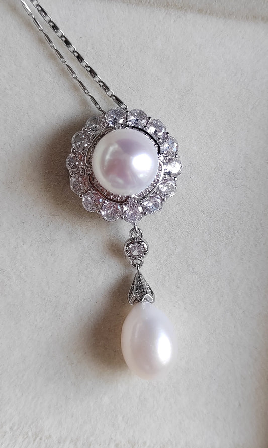 Elegant French style brooch & necklace genuine freshwater pearls 9.8-10.9mm