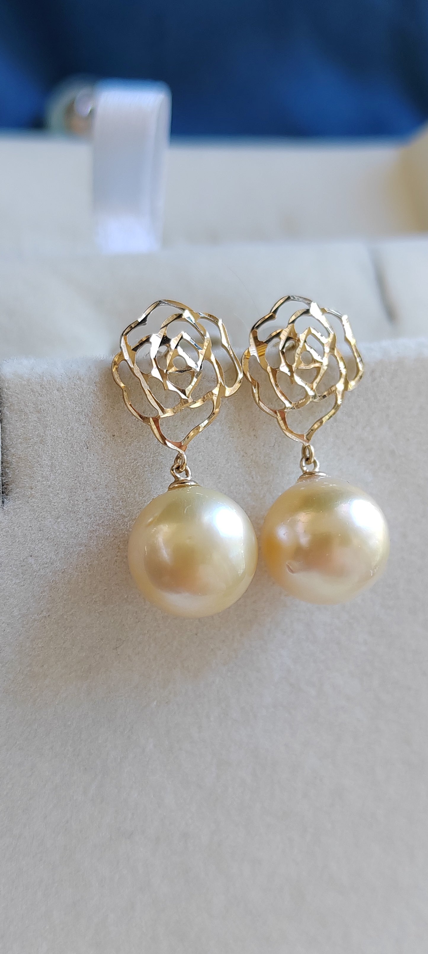 'Camellia' earrings 10k gold genuine golden south sea pearl 10.4mm Round