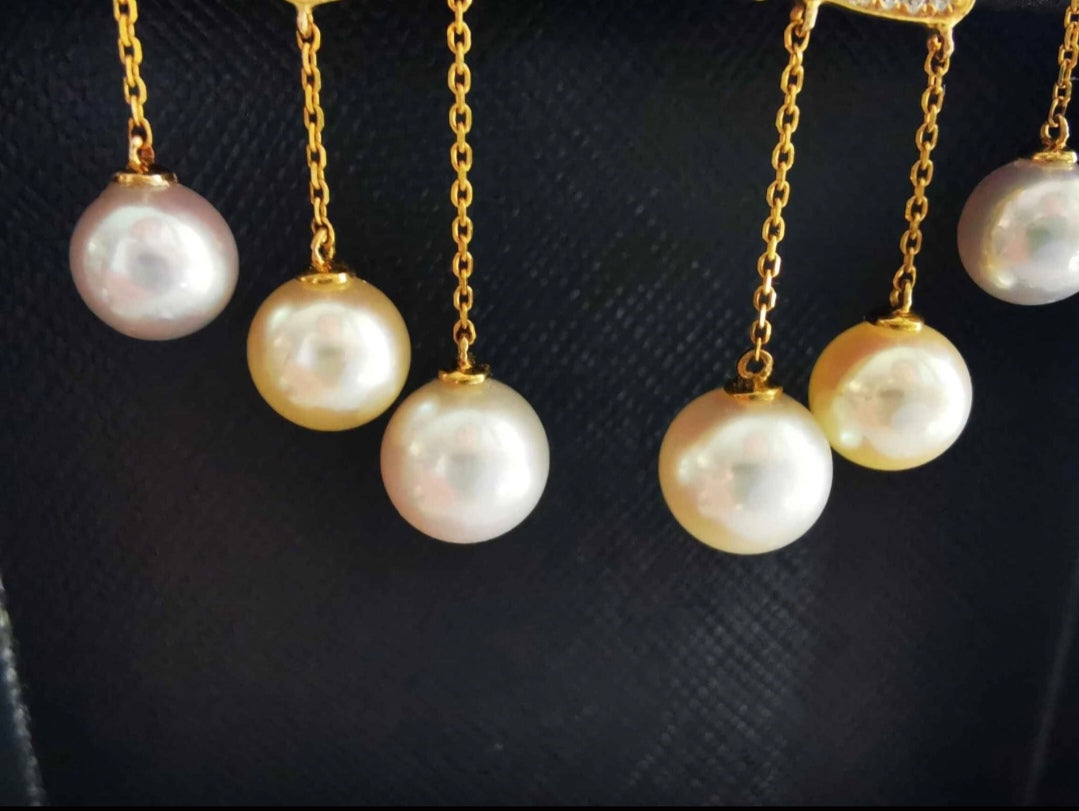 'Wings' earrings 18k gold diamond genuine Japanese akoya pearls 6.1-7.5mm