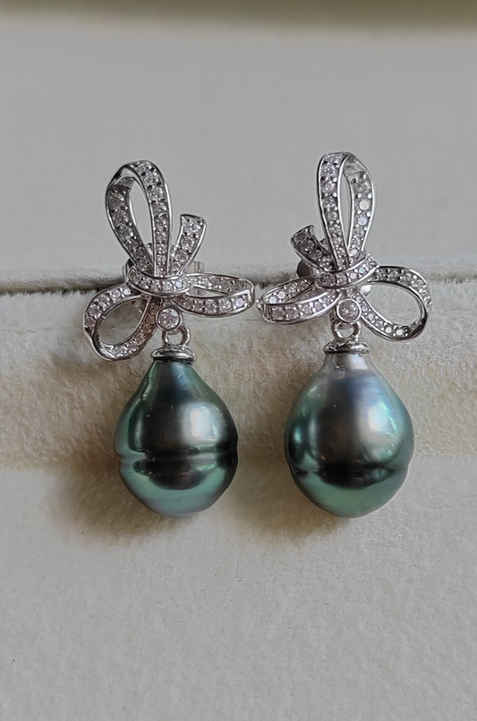 9.3mm Genuine tahitian south sea pearl Lace earrings silver