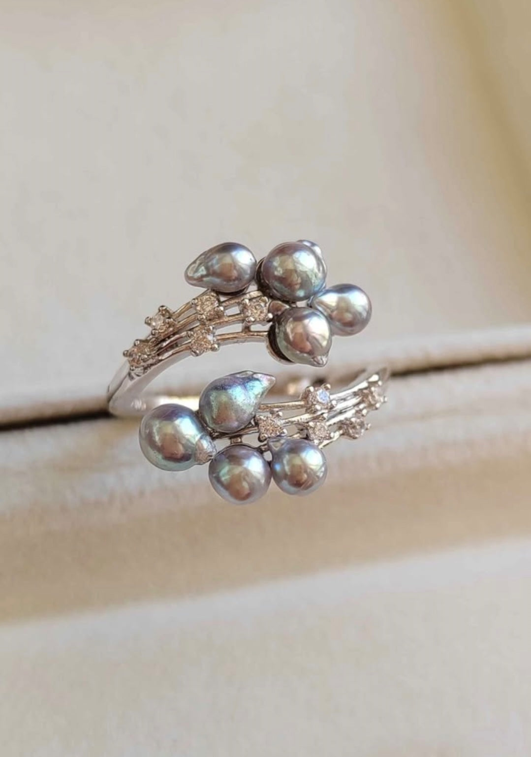'Silver Meteor' ring genuine Japanese akoya pearls 3.6-4.1mm