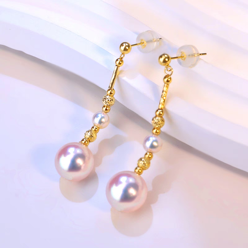 'Glittering' earrings 18k gold genuine Japanese akoya pearls 4.5-8.3mm AAA+