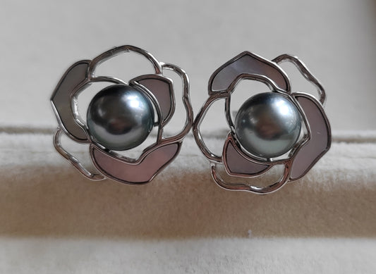'Silver Camellia' earrings genuine tahitian south sea pearls 8.1mm