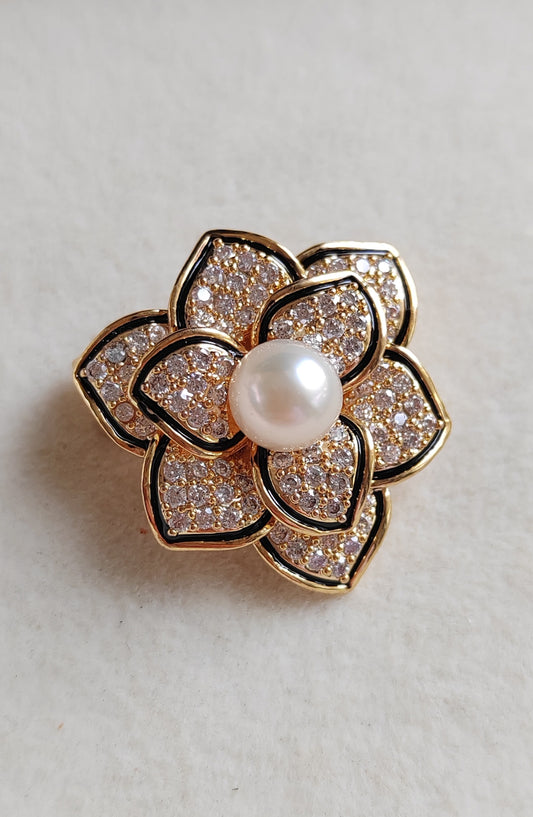 'Little Camellia' Brooch genuine freshwater pearl 6.3mm round