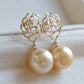 'Camellia' earrings 10k gold genuine golden south sea pearl 10.4mm Round