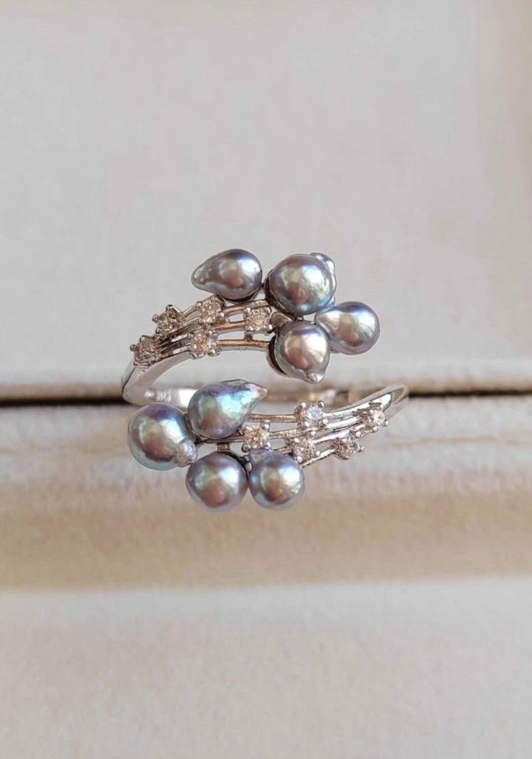 'Silver Meteor' ring genuine Japanese akoya pearls 3.6-4.1mm