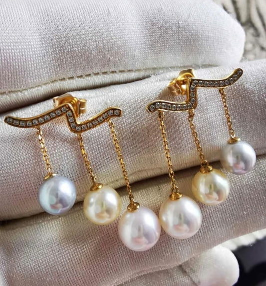 'Wings' earrings 18k gold diamond genuine Japanese akoya pearls 6.1-7.5mm
