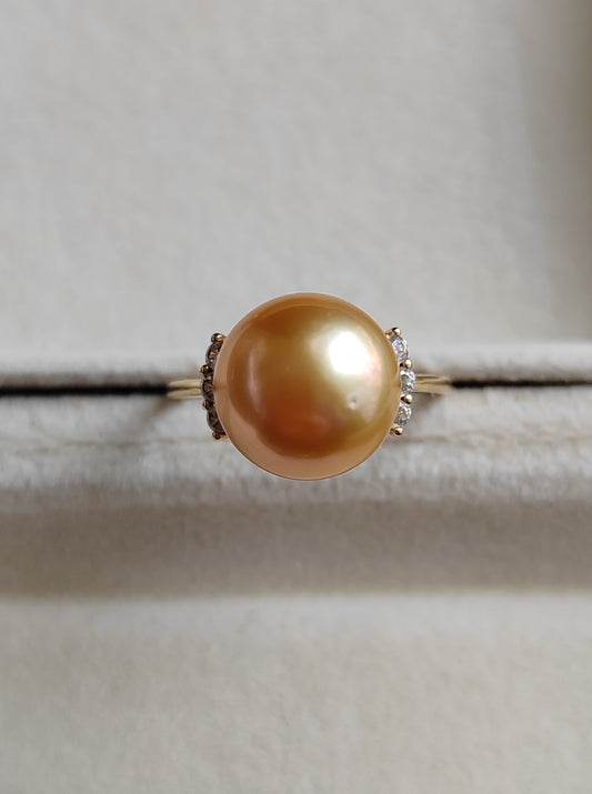 10.9mm Genuine golden south sea pearl 18k gold solitaire ring