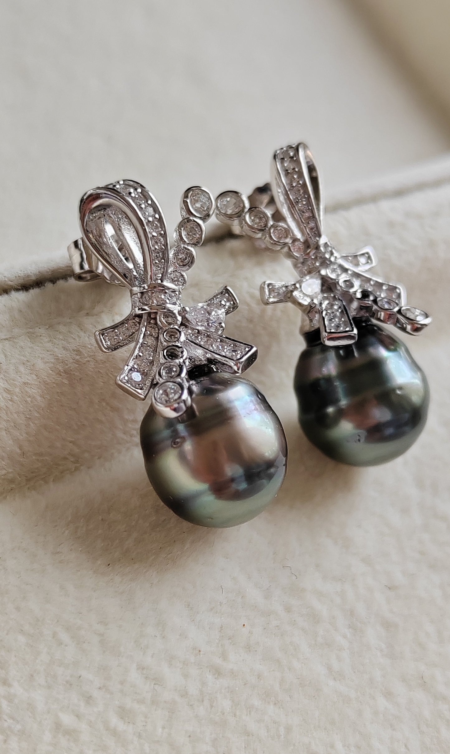 Art Deco earrings silver Genuine tahitian pearls 10.3mm